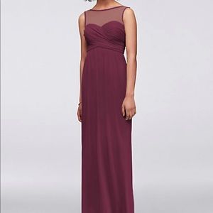 Long Mesh Dress with Illusion Neckline in Wine